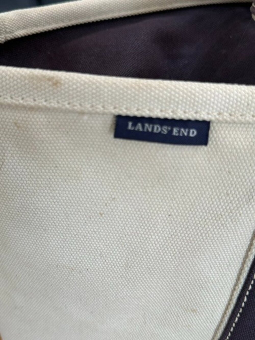 Lands End Heavy Duty Canvas Boat Tote XL Cream Navy USA Retro Zip Zipper Spots - Picture 9 of 16